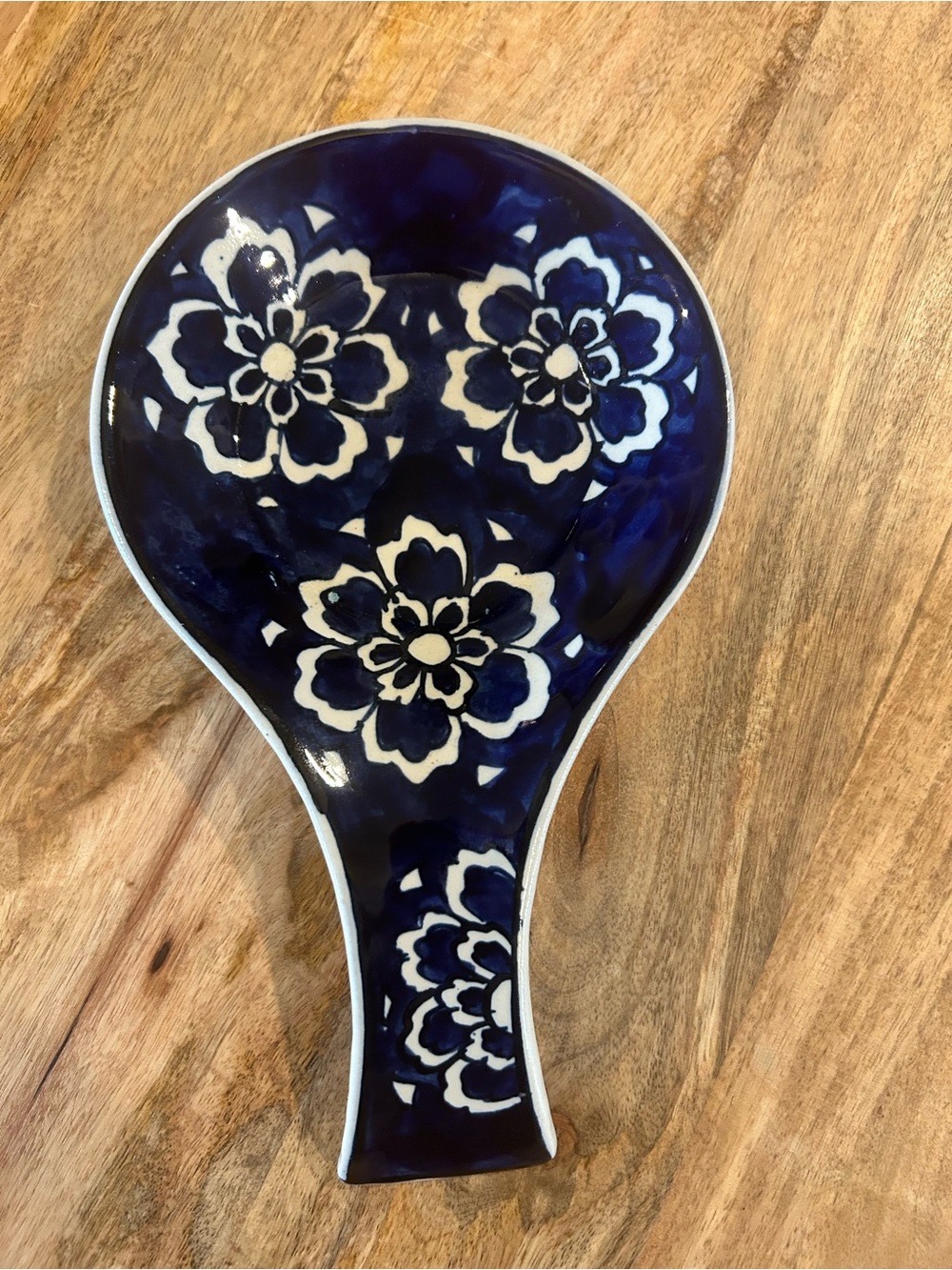 Talavera Style Blue Floral Ceramic Spoon Rest Handmade Pottery